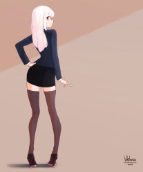 Rule 34 | 1girl, artist name, black footwear, black skirt, blue jacket, brown background, brown thighhighs, candy, closed mouth, commentary, english commentary, food, from behind, hand on own hip, high heels, highres, holding, holding candy, holding food, holding lollipop, jacket, little viktoria, lollipop, long hair, long sleeves, looking at viewer, looking back, original, profile, red eyes, simple background, skirt, solo, thighhighs, watermark, web address, white hair, zettai ryouiki