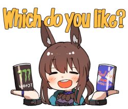 Rule 34 | 1girl, amiya (arknights), amonitto, animal ears, arknights, ascot, black jacket, blue choker, blush, brown hair, can, choker, closed eyes, commentary request, cropped torso, energy drink, english text, facing viewer, hands up, jacket, jewelry, long hair, monster energy, multiple rings, open mouth, ponytail, purple ascot, rabbit ears, red bull, ring, simple background, smile, solo, teeth, upper teeth only, white background