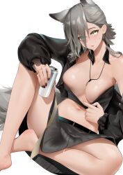 Rule 34 | 1girl, absurdres, animal ears, arknights, black jacket, black nails, breasts, can, clothes pull, extra ears, grey hair, grey skirt, highres, holding, holding can, jacket, jewelry, looking at viewer, medium breasts, mole, mole above eye, mole on breast, nail polish, necklace, open clothes, open jacket, parted lips, penance (arknights), pleated skirt, short hair, sitting, skirt, solo, sweatdrop, tail, vamjulian, wolf ears, wolf girl, wolf tail, yellow eyes