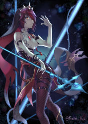 Rule 34 | 1girl, absurdres, belt, black pantyhose, blurry, claws, commentary, depth of field, detached sleeves, elbow gloves, fishnet pantyhose, fishnets, genshin impact, gloves, habit, hair between eyes, highres, holding, holding polearm, holding weapon, looking at viewer, multicolored hair, nun, pale skin, pantyhose, polearm, radishkek, red eyes, red hair, rosaria (genshin impact), short hair, sidelocks, solo, streaked hair, twisted torso, weapon, white gloves