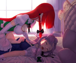 Rule 34 | 2girls, adapted costume, alternate costume, braid, breasts, cleavage cutout, clothing cutout, detached collar, dress, elbow gloves, closed eyes, gloves, grin, hair over one eye, highres, hong meiling, implied fingering, indoors, izayoi sakuya, large breasts, long hair, lying, maid headdress, multiple girls, on bed, open mouth, puffy sleeves, red hair, short sleeves, silver hair, smile, touhou, twin braids, white gloves, wilnus, window, yuri