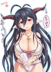 Rule 34 | 10s, 1girl, bare shoulders, bikini, breasts, cleavage, curvy, danua, draph, granblue fantasy, horn ornament, horns, huge breasts, jewelry, looking at viewer, necklace, neriwasabi, pointy ears, red eyes, solo, swimsuit, white bikini, wide hips