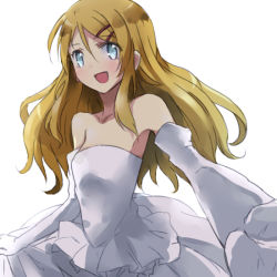 Rule 34 | 1girl, bare shoulders, blonde hair, blue eyes, bride, dress, elbow gloves, gloves, hair ornament, hairclip, kousaka kirino, long hair, looking at viewer, maromi (am97), open mouth, ore no imouto ga konna ni kawaii wake ga nai, outstretched arm, outstretched hand, simple background, smile, solo, strapless, strapless dress, wedding dress, white background, white gloves