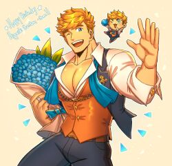 Rule 34 | 1boy, bara, black pants, blonde hair, blue flower, bouquet, chibi, collared shirt, english text, flower, granblue fantasy, happy birthday, highres, holding, holding bouquet, large pectorals, male focus, muscular, muscular male, official alternate costume, one eye closed, oneirio, open clothes, open mouth, orange vest, pants, pectorals, shirt, short hair, smile, vane (granblue fantasy), vane (the dragon knights) (granblue fantasy), vest, white shirt