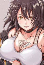 Rule 34 | 1girl, arm tattoo, azur lane, baltimore (azur lane), baltimore (black ace) (azur lane), bare shoulders, black choker, black jacket, braid, breasts, brown hair, chest tattoo, choker, cleavage, collarbone, commentary request, eyebrows hidden by hair, eyelashes, flower tattoo, forest (4423), french braid, grey background, hair between eyes, highres, impossible clothes, jacket, large breasts, light particles, looking at viewer, medium hair, midriff, off-shoulder jacket, off shoulder, revision, short hair, shoulder tattoo, sidelocks, simple background, smile, solo, sports bra, tattoo, upper body, white sports bra, yellow eyes