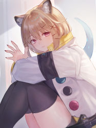 Rule 34 | 1girl, :3, animal ear fluff, animal ears, arknights, arms on knees, black nails, black thighhighs, blonde hair, commentary, eyelashes, fingernails, from side, grey shirt, hair ornament, hairclip, highres, jacket, knees up, legs together, long fingernails, looking at viewer, looking to the side, nagute, nail polish, navel, open clothes, open jacket, purple eyes, shirt, short hair, sitting, smile, solo, thighhighs, thighs, utage (arknights), waving, white jacket, x hair ornament, zettai ryouiki