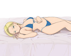 Rule 34 | 1girl, alternate costume, android 18, bed, bikini, blonde hair, blue bikini, blue eyes, breasts, check commentary, commentary request, dragon ball, earrings, highres, jewelry, looking at viewer, lying, medium breasts, navel, on back, rokoido12, short hair, side-tie bikini bottom, solo, string bikini, swimsuit