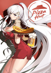 Rule 34 | 1girl, absurdres, alcohol, alternate costume, azur lane, beer, beer mug, beige shirt, belfast (azur lane), belfast (piping-hot perfection) (azur lane), braid, breasts, broken, broken chain, chain, cleavage, collar, collared shirt, commentary request, cup, dress, drinking glass, earrings, food, french braid, from side, hair ornament, hairclip, high ponytail, highres, holding, holding cup, holding tray, jewelry, large breasts, long hair, mug, nike (nike1060), nipple slip, nipples, pizza, pizza hut, purple eyes, red dress, red scrunchie, scrunchie, shirt, short sleeves, sidelocks, silver hair, thighs, tray, very long hair, waitress, wrist cuffs