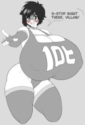 Rule 34 | 10-ton, blush, boku no hero academia, breasts, cleavage, elbow gloves, english text, fingerless gloves, gigantic breasts, gloves, highres, mask, monochrome, notsenpaistatic, pointing, short hair, spot color, thick thighs, thighs