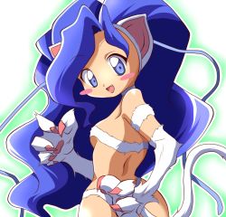 Rule 34 | 1girl, animal ears, animal hands, bad id, bad pixiv id, big hair, blue eyes, blue hair, blush stickers, capcom, cat ears, cat paws, cat tail, choker, claws, felicia (vampire), furry, furry female, kingetsu mikoto, looking back, matching hair/eyes, mikocchan, simple background, solo, tail, vampire (game)