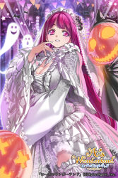 Rule 34 | 1girl, a&#039;s wonderland, breasts, cleavage, company name, copyright name, copyright notice, dress, frilled dress, frills, ghost, jack-o&#039;-lantern, large breasts, long hair, looking at viewer, official art, original, popqn, purple eyes, purple hair, smile, solo, veil, white dress