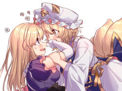 Rule 34 | 2girls, puff of air, animal hat, arm grab, blonde hair, blush, bow, dress, elbow gloves, fox tail, frilled sleeves, frills, from side, gloves, hair bow, hand on another&#039;s mouth, hat, heart, highres, leaning back, leaning forward, long hair, long sleeves, looking at another, masanaga (tsukasa), mob cap, multiple girls, multiple tails, pink bow, purple dress, purple eyes, short hair, short sleeves, simple background, spoken heart, spoken sweatdrop, sweatdrop, tail, touhou, white background, white dress, white gloves, white headwear, yakumo ran, yakumo yukari, yellow eyes, yuri