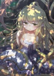 Rule 34 | 10s, 1girl, absurdly long hair, ahoge, bare shoulders, blonde hair, blush, collarbone, dress, eyebrows, flat chest, granblue fantasy, grass, green eyes, hair between eyes, hair ornament, harvin, living hair, long hair, looking away, looking to the side, melissabelle, melissabelle (granblue fantasy), mizunashi (second run), open mouth, outdoors, pointy ears, prehensile hair, shadow, sitting, solo, strap slip, sunlight, tree, under tree, very long hair, white dress
