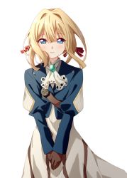 Rule 34 | 1girl, ascot, blonde hair, blue dress, blue eyes, blunt bangs, blunt ends, blush, bow, bright pupils, brooch, brown dress, brown gloves, closed mouth, dress, eyes visible through hair, feet out of frame, gloves, hair bow, hair intakes, hair ornament, haru (konomi 150), highres, jewelry, juliet sleeves, long hair, long sleeves, looking at viewer, multicolored clothes, multicolored dress, puffy sleeves, red bow, ribbed dress, simple background, smile, solo, standing, straight hair, violet evergarden, violet evergarden (series), white ascot, white background, white dress