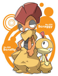 Rule 34 | 10s, character name, creatures (company), evolutionary line, game freak, gen 5 pokemon, kumano sakunosuke, nintendo, no humans, pokemon, pokemon (creature), pokemon bw, scrafty, scraggy, simple background