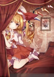 1girl absurdres ascot bed blonde_hair blush bow commentary_request crystal curtains finger_to_mouth flandre_scarlet frilled_shirt_collar frills hat hat_ribbon highres hitsuji_hiko_(mareep15) indoors looking_at_viewer medium_hair mob_cap on_bed one_side_up pillow puffy_short_sleeves puffy_sleeves red_eyes red_ribbon red_skirt red_theme red_vest ribbon shirt short_sleeves shushing side_ponytail skirt smile socks solo touhou vest white_hat white_shirt white_socks wings yellow_ascot