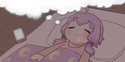 Rule 34 | 1girl, ahoge, blush, cellphone, chibi, closed eyes, closed mouth, dreaming, drooling, futon, head on pillow, highres, light purple hair, long sleeves, lying, mashima jirou, on back, pajamas, phone, pink shirt, raised eyebrows, shirt, short hair with long locks, sleeping, smartphone, smile, solo, thought bubble, translated, under covers, upper body, vocaloid, voiceroid, wooden floor, yuzuki yukari