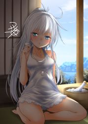 Rule 34 | 10s, 1girl, alternate costume, alternate hairstyle, bare arms, bare shoulders, barefoot, blue eyes, blush, breasts, collarbone, drunk, hibiki (kancolle), jewelry, kantai collection, long hair, necklace, ponytail, signature, silver hair, sleeveless, small breasts, solo, yua (checkmate)