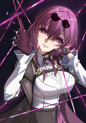Rule 34 | 1girl, black background, black coat, breasts, coat, commentary, eyewear on head, grin, hands up, head tilt, highres, honkai: star rail, honkai (series), kafka (honkai: star rail), large breasts, long hair, long sleeves, looking at viewer, open clothes, open coat, purple eyes, round eyewear, shirt, smile, solo, sunglasses, talo (63078778), upper body, white shirt