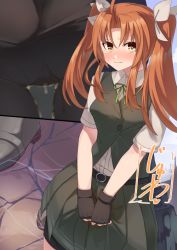 Rule 34 | 1girl, ass, belt, bike shorts, black gloves, blush, buttons, close-up, closed mouth, collared shirt, embarrassed, female focus, fingerless gloves, gloves, green ribbon, green skirt, green vest, grey footwear, hair ribbon, have to pee, heart, japanese text, kagerou (kancolle), kagerou kai ni (kancolle), kantai collection, long hair, looking at viewer, minamimachi naname, miniskirt, multiple views, neck ribbon, nose blush, orange hair, own hands together, pee, peeing, peeing self, pleated skirt, puddle, ribbon, shirt, shoes, short sleeves, sidelocks, skirt, standing, tears, translation request, twintails, v arms, vest, wet, wet clothes, white ribbon, white shirt, yellow eyes