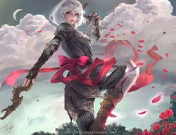 Rule 34 | 1girl, aleksandra jedrasik, armor, artist name, boots, bow, brown footwear, closed mouth, cloud, crescent moon, deviantart username, fighting stance, fingerless gloves, flower, gloves, green eyes, large bow, lips, looking at viewer, moon, outdoors, petals, red ribbon, red rose, ribbon, rose, short hair, signature, sky, solo, standing, standing on one leg, vambraces, watermark, web address, white hair