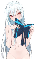 Rule 34 | 1girl, beijuu, bow, completely nude, female focus, girls&#039; frontline, hair bow, long hair, looking at viewer, nude, out-of-frame censoring, red eyes, silver hair, simple background, solo, tokarev (girls&#039; frontline), very long hair, white background
