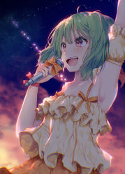 Rule 34 | 1girl, ahoge, armpits, bare shoulders, blush, bow, brown eyes, cloud, cloudy sky, commentary request, detached sleeves, dress, green hair, hair between eyes, holding, holding microphone, macross, macross frontier, microphone, night, night sky, orange bow, outdoors, puffy short sleeves, puffy sleeves, ranka lee, red bow, seikan hikou, shiomizu (swat), short sleeves, sky, sleeveless, sleeveless dress, solo, star (sky), starry sky, teeth, upper teeth only, yellow dress
