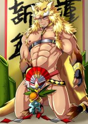 Rule 34 | 1boy, abs, animal hood, bara, bare pectorals, boar boy, boar hood, body fur, brown hair, censored, chest harness, chinese text, facial hair, goatee, gullinbursti (housamo), harness, hood, huzee tiger, kneeling, large pectorals, light smile, looking ahead, male focus, muscular, muscular male, nipples, pectorals, short hair, solo, stomach, thick eyebrows, tokyo houkago summoners, translation request, tusks, underbust