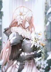 Rule 34 | 1girl, absurdres, armor, armored gloves, aug (girls&#039; frontline), aug (requiem array) (girls&#039; frontline), blurry, blurry background, bow, breastplate, character name, closed eyes, flower, from side, girls&#039; frontline, hair bow, hair flower, hair ornament, highres, holding, holding flower, long hair, official alternate costume, pink hair, shoulder armor, solo, tfnfe sach, upper body, white lily