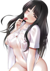 Rule 34 | 1girl, :p, black hair, blush, breasts, candy, cleavage, enma ai, food, head tilt, holding, holding candy, holding food, holding lollipop, jigoku shoujo, kozue akari, large breasts, lollipop, long hair, looking at viewer, naked shirt, pinky out, shirt, simple background, smile, solo, tongue, tongue out, underboob, wet, wet clothes, wet shirt, white background
