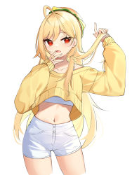 Rule 34 | 1girl, absurdres, ahoge, arms up, blonde hair, camisole, collarbone, crop top, crop top overhang, cropped legs, hamburger hat, hat, highres, jingburger, long hair, long sleeves, looking at viewer, midriff, navel, open mouth, red eyes, shirt, short shorts, shorts, solo, spaghetti strap, stomach, thighs, undershirt, very long hair, virtual youtuber, waktaverse, white shirt, white shorts, yellow shirt, ziro (zirorong)