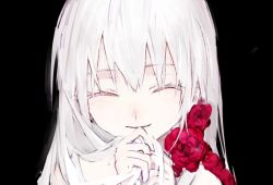 Rule 34 | 1girl, bad id, bad twitter id, black background, closed mouth, closed eyes, female focus, flower, hand to own mouth, long hair, original, own hands together, ozyako, plant, portrait, red flower, simple background, smile, solo, straight-on, white hair