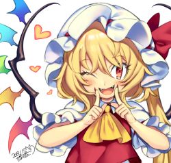 Rule 34 | 1girl, ;d, ascot, blonde hair, blush, bow, commentary request, dated, fangs, fingernails, flandre scarlet, hair between eyes, hat, hat bow, heart, index fingers raised, iroyopon, long hair, looking at viewer, mob cap, nail polish, one eye closed, one side up, open mouth, puffy short sleeves, puffy sleeves, red bow, red eyes, red nails, red vest, sharp fingernails, shirt, short sleeves, signature, simple background, smile, solo, touhou, upper body, vest, white background, white hat, white shirt, wings, yellow ascot