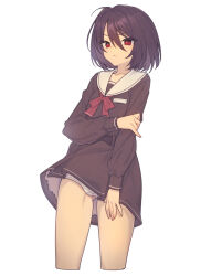 Rule 34 | 1girl, ahoge, black dress, black hair, commentary request, cropped legs, dress, everyntrge, hand on own arm, looking to the side, neck ribbon, original, panties, pantyshot, red eyes, red ribbon, ribbon, sailor collar, sailor dress, short hair, simple background, solo, underwear, white background, white panties, white sailor collar