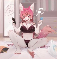 Rule 34 | 1girl, absurdres, animal ears, bag of chips, black bra, black panties, body fur, bra, cellphone, chips (food), dog ears, dog tail, female focus, food, furry, furry female, haita (8ita8), highres, lace, lace bra, lace panties, musical note, navel, on ground, open mouth, original, panties, phone, pink eyes, pink hair, playing games, popsicle, sitting, smartphone, solo, spoken musical note, strap slip, tail, underwear