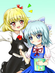 Rule 34 | 2girls, bad id, bad pixiv id, blonde hair, blue eyes, blue hair, blush stickers, bow, cirno, dress, fang, food, food on face, frown, gradient background, hair bow, hair ribbon, ice cream, ice cream on face, looking at another, looking away, multiple girls, open mouth, outstretched arms, puffy short sleeves, puffy sleeves, red eyes, ribbon, rumia, short hair, short sleeves, simple background, skirt, skirt set, spread arms, tonakai (bunsuka), touhou, wings
