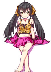 Rule 34 | 1girl, animal print, arm support, bare shoulders, barefoot, black hair, black shirt, blush, bow, breasts, brown ribbon, brown shirt, cleavage, closed mouth, dot nose, hair between eyes, hair bow, hair ribbon, idolmaster, idolmaster cinderella girls, idolmaster cinderella girls starlight stage, jacket, jewelry, leopard print, long hair, looking at viewer, matoba risa, mikapoe, miniskirt, navel, necklace, off-shoulder shirt, off shoulder, pink jacket, pink skirt, pleated skirt, print ribbon, print shirt, ribbon, shirt, simple background, sitting, skirt, small breasts, smile, solo, toes, twintails, unworn jacket, white background, yellow eyes
