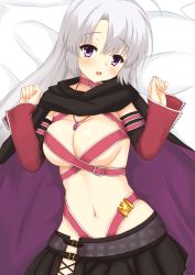 Rule 34 | 1girl, artist request, ayachi nene, belt, blush, breasts, cape, choker, cleavage, detached sleeves, highres, jewelry, long hair, looking at viewer, medium breasts, navel, necklace, open mouth, purple eyes, sanoba witch, silver hair, skirt, solo, yuzu-soft