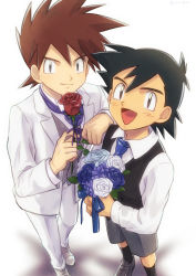 Rule 34 | 2boys, :d, absurdres, alternate costume, ash ketchum, black hair, black legwear, bouquet, brown eyes, brown hair, buttons, closed mouth, collared shirt, commentary request, creatures (company), flower, game freak, gary oak, grey eyes, grey shorts, grey vest, highres, holding, holding flower, jacket, long sleeves, looking up, male focus, multiple boys, nintendo, open mouth, pants, pokemon, pokemon (anime), pokemon (classic anime), red flower, rose, shirt, shoes, short hair, shorts, smile, socks, spiked hair, standing, tongue, vest, white jacket, white pants, white shirt, yoi (207342)