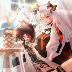Rule 34 | 2girls, arknights, black shirt, blurry, blurry foreground, brown hair, feather hair, head wings, highres, horns, jacket, light particles, long hair, long sleeves, looking at another, multiple girls, mumudididi, nail polish, orange eyes, orange nails, round eyewear, saria (arknights), shirt, silence (arknights), silver hair, sleeping, thigh strap, thighs, white jacket, wings