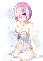Rule 34 | 1girl, :o, alternate costume, arm support, bad id, bad pixiv id, bare arms, bare shoulders, blush, breasts, cleavage, corset, fate/grand order, fate (series), female focus, floral background, flower, hair over one eye, large breasts, legs, light purple hair, looking at viewer, mash kyrielight, open mouth, panties, petals, purple eyes, purple hair, rose, sakura yuzuna, short hair, sitting, solo, strapless, sumisaki yuzuna, thighhighs, underwear, white flower, white rose, white thighhighs