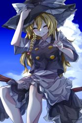 Rule 34 | 1girl, absurdres, apron, black hat, black skirt, black vest, blonde hair, blue sky, blush, bow, braid, breasts, broom, broom riding, buttons, closed eyes, cloud, collared shirt, commentary request, feet out of frame, grin, hair between eyes, hair bow, hat, hat bow, highres, kirisame marisa, long hair, medium breasts, pink bow, shirt, short sleeves, side braid, single braid, sitting, skirt, skirt set, sky, smile, solo, touhou, v, vest, vivo (vivo sun 0222), waist apron, white apron, white bow, white shirt, witch hat