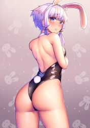 Rule 34 | 1girl, :o, absurdres, animal ears, ass, back, bare shoulders, black leotard, blush, breasts, cowboy shot, fake animal ears, fake tail, from behind, gradient background, hairband, highres, leotard, looking at viewer, looking back, nicchi, parted lips, playboy bunny, purple eyes, purple hair, rabbit background, rabbit ears, rabbit tail, short hair with long locks, sideboob, sidelocks, small breasts, solo, tail, voiceroid, white hairband, yuzuki yukari