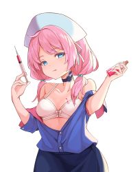 Rule 34 | 1girl, 7eddy, arknights, black choker, blue eyes, blue poison (arknights), blue shirt, bra, breasts, choker, collarbone, hat, holding, holding syringe, licking lips, looking at viewer, low twintails, nurse cap, pink hair, shirt, short hair, simple background, small breasts, solo, syringe, tongue, tongue out, twintails, unbuttoned, unbuttoned shirt, underwear, white background, white bra