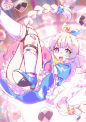 Rule 34 | 1girl, ahoge, apron, bandaid, bandaid on knee, bandaid on leg, blue dress, blue eyes, blue footwear, blue ribbon, blue scrunchie, blurry, blurry background, braid, candy, candy wrapper, checkerboard cookie, commentary request, cookie, cup, depth of field, dress, food, frilled apron, frills, hair ornament, hair ribbon, hair scrunchie, high heels, highres, kitasaya ai, kizuna akari, kneehighs, lollipop, long hair, looking at viewer, open mouth, puffy short sleeves, puffy sleeves, ribbon, saucer, scrunchie, shoe soles, shoes, short sleeves, socks, solo, star-shaped pupils, star (symbol), star hair ornament, swirl lollipop, symbol-shaped pupils, teacup, teeth, thumbprint cookie, twin braids, upper teeth only, very long hair, voiceroid, white apron, white hair, white socks, yellow ribbon, yellow scrunchie