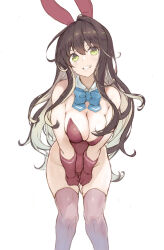 Rule 34 | 1girl, alternate costume, bare shoulders, black hair, blue bow, blue bowtie, bow, bowtie, breasts, colored inner hair, cowboy shot, detached collar, gloves, green eyes, highleg, highleg leotard, highres, kantai collection, large breasts, leotard, looking at viewer, multicolored hair, naganami (kancolle), pink hair, playboy bunny, red gloves, red leotard, ryo (tg290), simple background, smile, solo, strapless, strapless leotard, streaked hair, thighhighs, white background