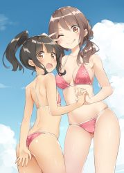 Rule 34 | 10s, 2girls, ;q, alternate universe, ass, beach, bikini, black hair, blue sky, blush, breasts, brown eyes, cleavage cutout, clothing cutout, cloud, commentary request, contrapposto, cousins, covering privates, covering ass, cowboy shot, day, flat chest, gluteal fold, halterneck, harukana receive, higa kanata, high ponytail, holding hands, interlocked fingers, kani biimu, long hair, looking at viewer, looking back, low twintails, medium breasts, multiple girls, navel, ocean, one eye closed, oozora haruka (harukana receive), outdoors, pink bikini, ponytail, sidelocks, skindentation, sky, standing, swimsuit, tongue, tongue out, twintails, v-shaped eyebrows, v over eye, water