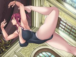Rule 34 | 10s, 1girl, arched back, armpits, bracelet, breasts, brown eyes, chandelier, cleavage, collarbone, dutch angle, empress (studio), feet, female focus, flexible, game cg, hair ornament, hair up, hairpin, jewelry, large breasts, leg lift, leg up, legs, leotard, lips, lipstick, looking back, makeup, mamiya marie, mole, mole under eye, necklace, outstretched arms, pantyhose, plantar flexion, red hair, ring, sei shoujo, soles, solo, standing, standing on one leg, starless, stretching, thick thighs, thighs, thong leotard, uncensored, will (company), window