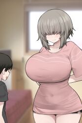 Rule 34 | 1boy, 1girl, age difference, arms behind back, bedroom, black hair, black shorts, blurry, blurry background, blush, breasts, collarbone, covered navel, curvy, dolphin shorts, grey hair, hair over eyes, height difference, highres, huge breasts, indoors, large breasts, looking at another, meme, nago purin, onee-shota, pajamas challenge (meme), shirt, short shorts, shorts, sidelocks, size difference, smile, standing, thick thighs, thighs, uzaki-chan wa asobitai!, uzaki yanagi, wide hips