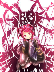 Rule 34 | 1girl, absurdres, antennae, apron, arthropod girl, brown footwear, brown kimono, brown thighhighs, bug, closed mouth, commentary, double bun, entoma vasilissa zeta, extra pupils, fangs, hair bun, hand up, head tilt, highres, japanese clothes, kimono, lhofi, looking at viewer, maid, maid headdress, mary janes, monochrome background, monster girl, ofuda, ofuda on clothes, overlord (maruyama), pink hair, red eyes, shoes, short hair, sitting, skin fangs, sleeves past wrists, smile, solo, spider, striped clothes, striped thighhighs, thighhighs, white apron, wide sleeves